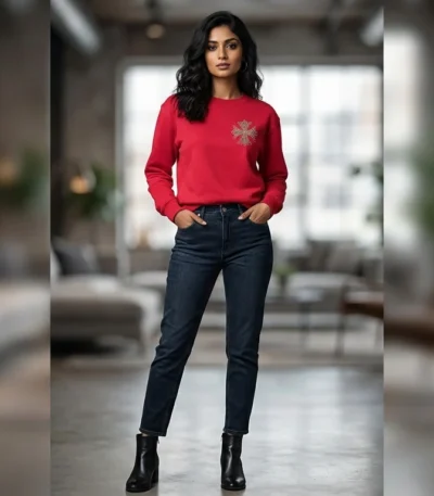 Premium Women's Red Crewneck Sweatshirt with Embellished Stone Cross (3)