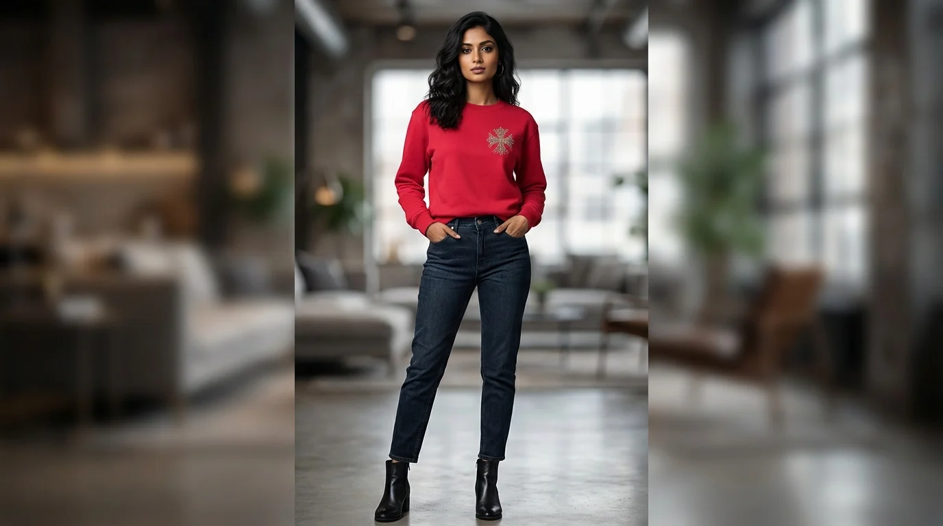 Premium Women's Red Crewneck Sweatshirt with Embellished Stone Cross (3) Premium Women's Red Crewneck Sweatshirt with Embellished Stone Cross (3)