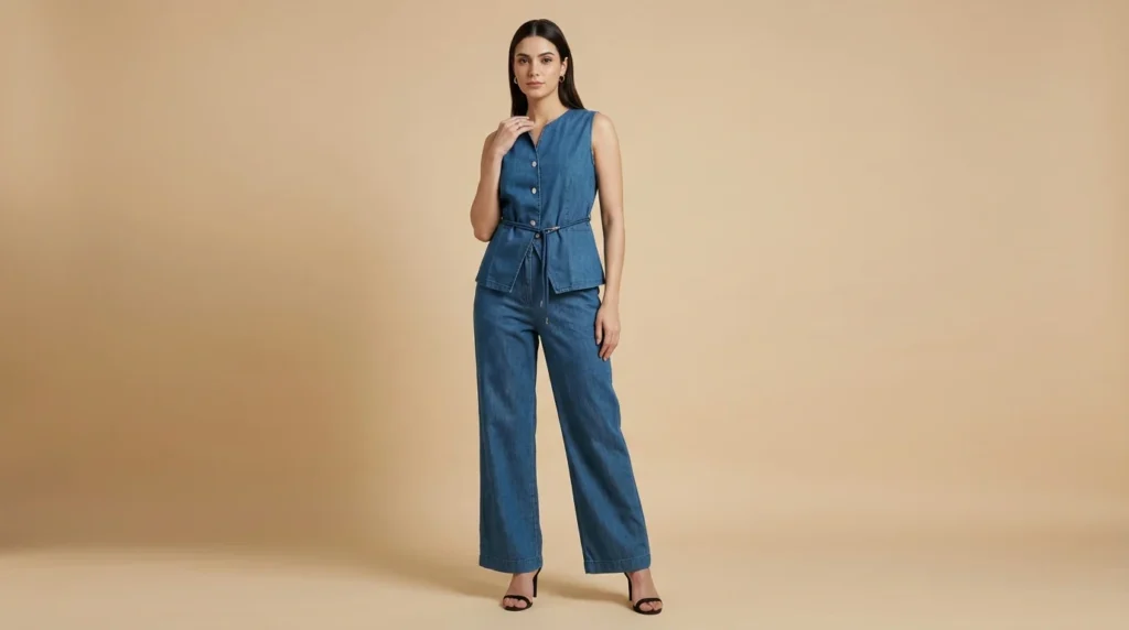 Premium blue denim co ord set for women featuring a sleeveless button down waistcoat and wide leg trousers (1)