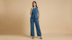 Premium blue denim co ord set for women featuring a sleeveless button down waistcoat and wide leg trousers (1)