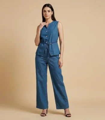 Premium blue denim co ord set for women featuring a sleeveless button down waistcoat and wide leg trousers (1)