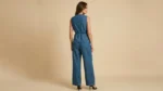 Premium blue denim co ord set for women featuring a sleeveless button down waistcoat and wide leg trousers (3)