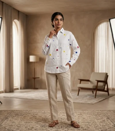 Premium white women's shirt with multi colored embroidered flowers and blue hearts (1)