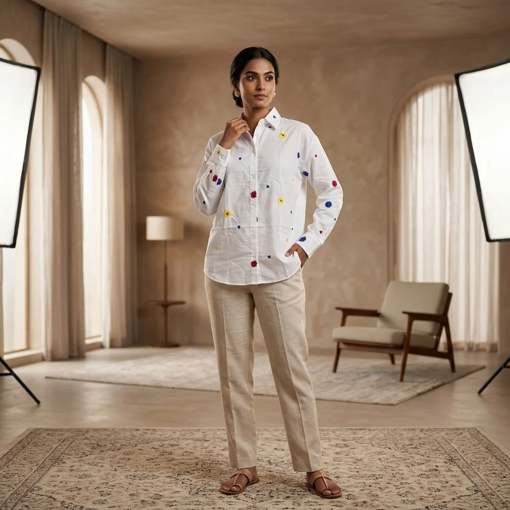 Premium white women's shirt with multi colored embroidered flowers and blue hearts (1) Premium white women's shirt with multi colored embroidered flowers and blue hearts (1)