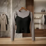 Premium women's layered top featuring a mushroom grey long sleeved base and a black bodice overlay with leather style buckle straps (2)