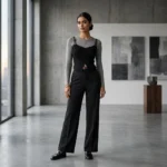 Premium women's layered top featuring a mushroom grey long sleeved base and a black bodice overlay with leather style buckle straps (3)