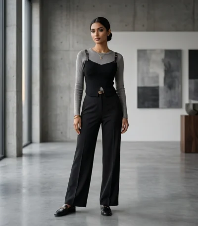 Premium women's layered top featuring a mushroom grey long sleeved base and a black bodice overlay with leather style buckle straps (3)