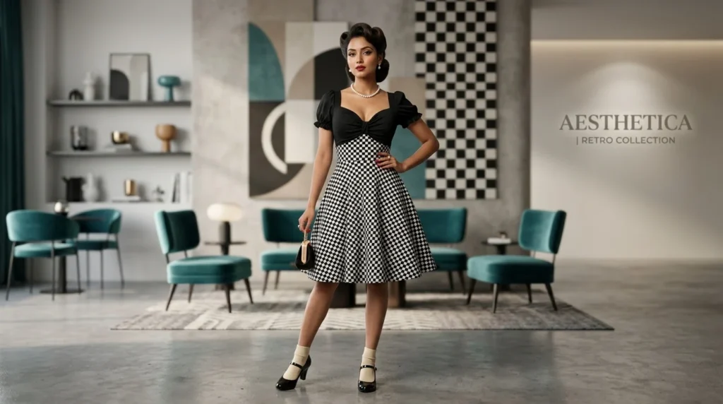 Retro Black and White Checkered A Line Dress with Puff Sleeves (1)