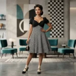 Retro Black and White Checkered A Line Dress with Puff Sleeves (1)