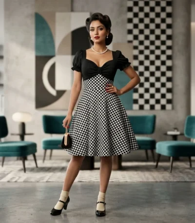 Retro Black and White Checkered A Line Dress with Puff Sleeves (1)
