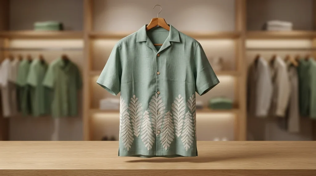 Sage Green Embroidered Linen Cuban Collar Men’s Half Sleeve Shirt (1)