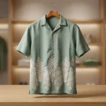 Sage Green Embroidered Linen Cuban Collar Men’s Half Sleeve Shirt (1)