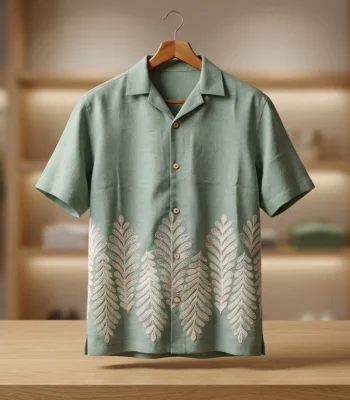 Sage Green Embroidered Linen Cuban Collar Men’s Half Sleeve Shirt (1)