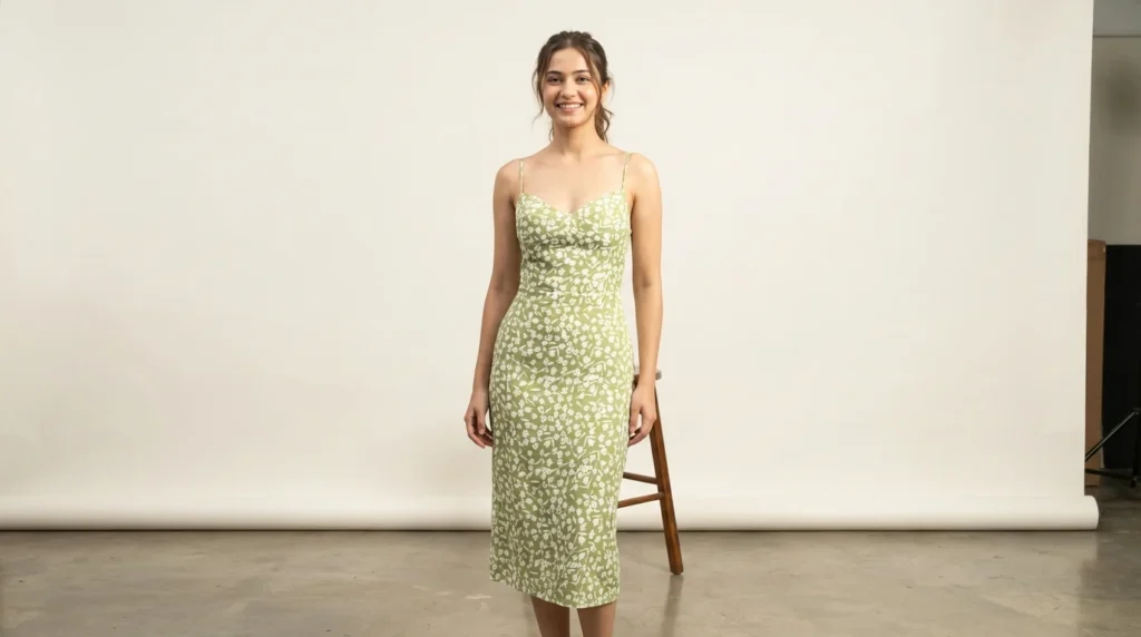 Sage Green Floral Sweetheart Neck Midi Dress for Women (1)