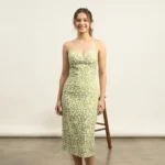 Sage Green Floral Sweetheart Neck Midi Dress for Women (1)