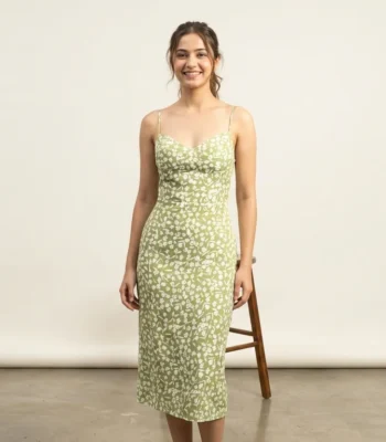 Sage Green Floral Sweetheart Neck Midi Dress for Women (1)