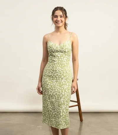 Sage Green Floral Sweetheart Neck Midi Dress for Women (1)
