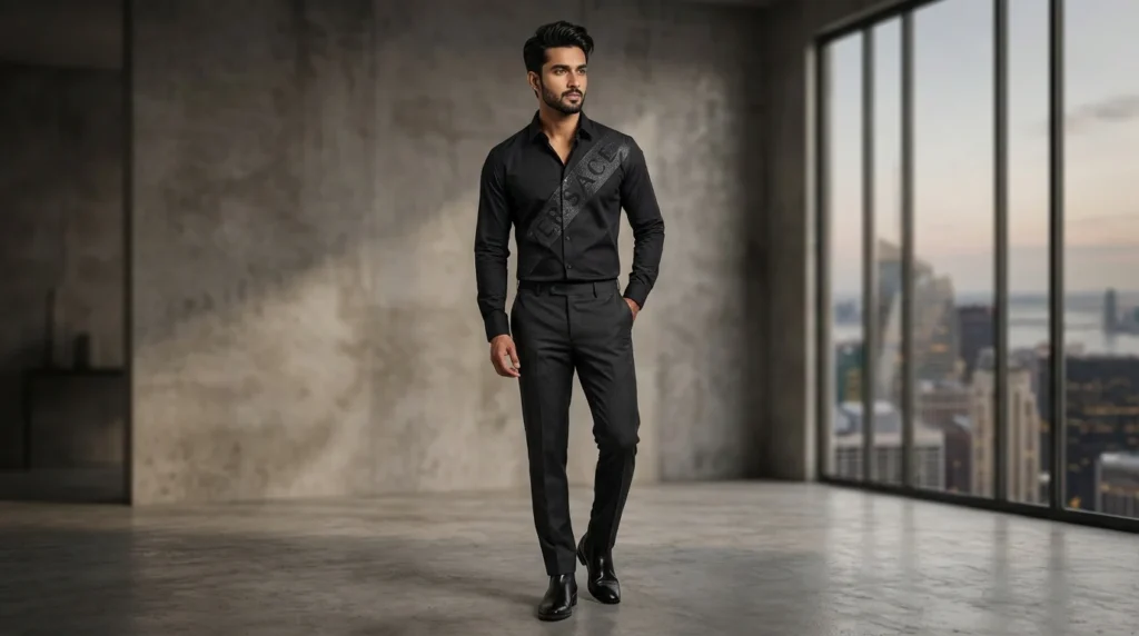 Versace Men’s Black Shimmer Diagonal Logo Shirt (2)