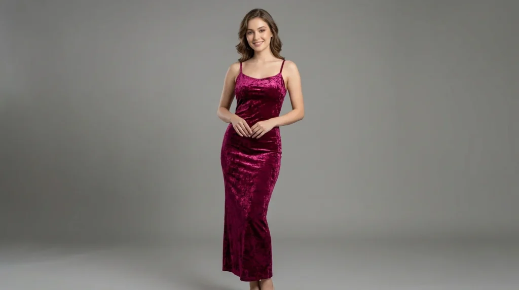 Wine Crushed Velvet Bodycon Midi Dress for Women (1)