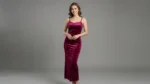 Wine Crushed Velvet Bodycon Midi Dress for Women (1)