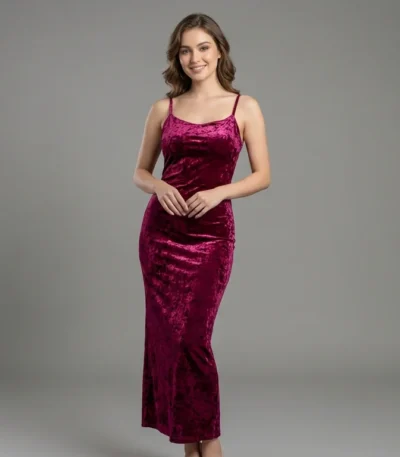 Wine Crushed Velvet Bodycon Midi Dress for Women (1)