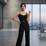 Woman wearing a premium beige and black faux layered knit top with leather strap accents (1)