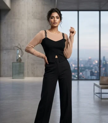 Woman wearing a premium beige and black faux layered knit top with leather strap accents (1)