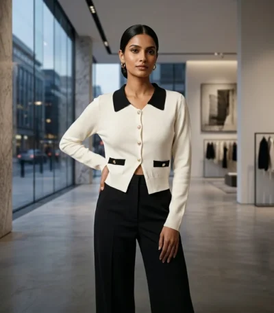 Woman wearing a premium ivory knit cropped cardigan with a black Peter Pan collar and gold button details (1)