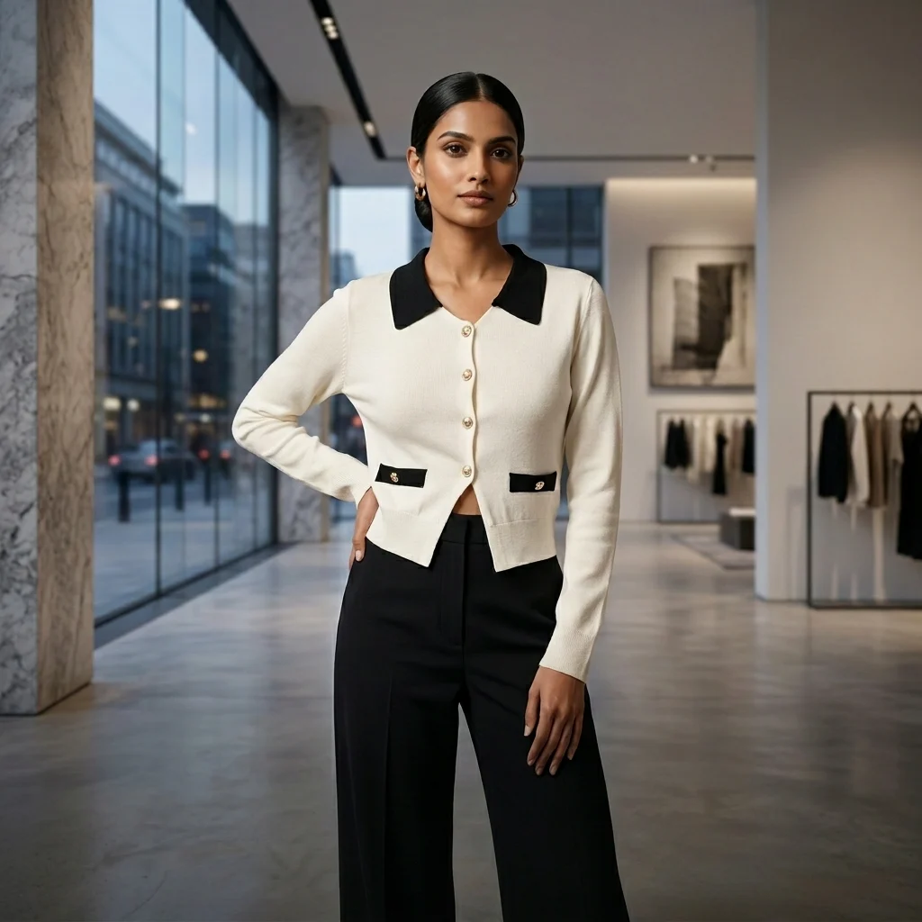 Woman wearing a premium ivory knit cropped cardigan with a black Peter Pan collar and gold button details (1) Woman wearing a premium ivory knit cropped cardigan with a black Peter Pan collar and gold button details (1)