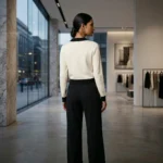 Woman wearing a premium ivory knit cropped cardigan with a black Peter Pan collar and gold button details (2)