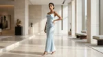 Woman wearing a sky blue satin sleeveless cowl neck dress in a luxury interior setting (1)