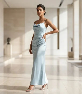 Woman wearing a sky blue satin sleeveless cowl neck dress in a luxury interior setting (1)