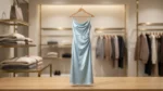 Woman wearing a sky blue satin sleeveless cowl neck dress in a luxury interior setting (2)