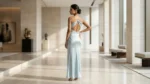 Woman wearing a sky blue satin sleeveless cowl neck dress in a luxury interior setting (3)