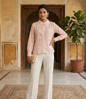 Women in pastel pink full sleeve shirt with white lace Peter Pan collar and geometric square motifs (1)