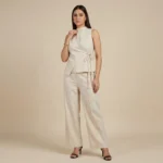 Women's Beige Linen Blend Wrap Top and Wide Leg Trousers Co ord Set (1)