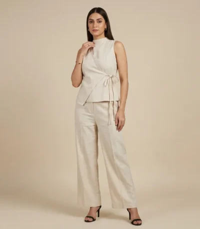 Women's Beige Linen Blend Wrap Top and Wide Leg Trousers Co ord Set (1)