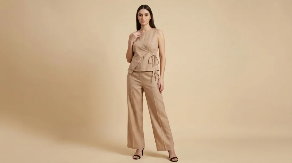 Women's Beige Linen Wrap Style Co ord Set Sleeveless Top & Trousers (1)