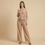 Women's Beige Linen Wrap Style Co ord Set Sleeveless Top & Trousers (1)
