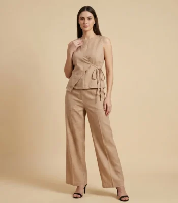 Women's Beige Linen Wrap Style Co ord Set Sleeveless Top & Trousers (1)