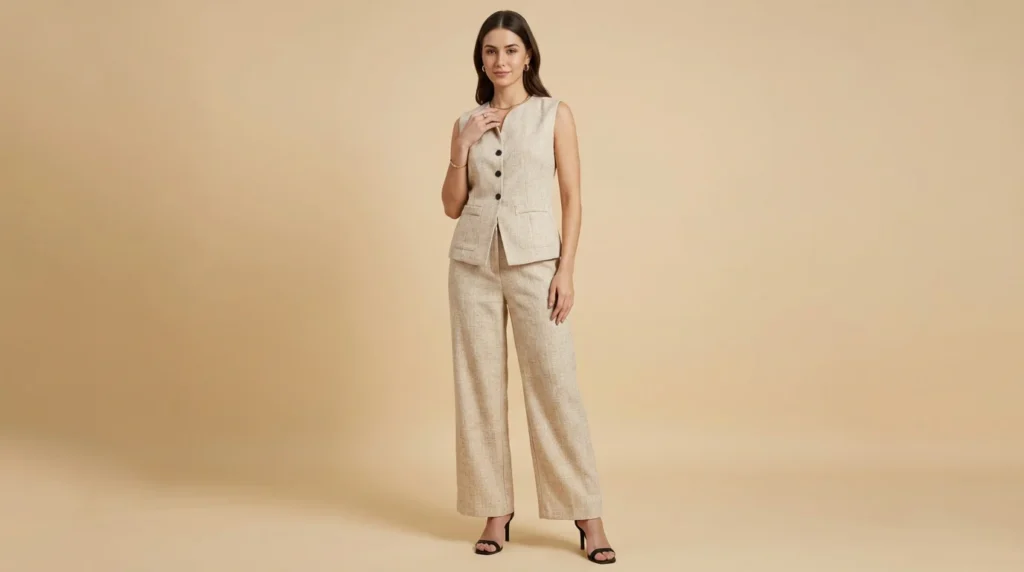 Women's Beige Textured Waistcoat and Wide Leg Trouser Co ord Set (3)