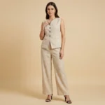 Women's Beige Textured Waistcoat and Wide Leg Trouser Co ord Set (3)