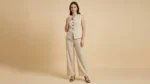 Women's Beige Textured Waistcoat and Wide Leg Trouser Co ord Set (3)