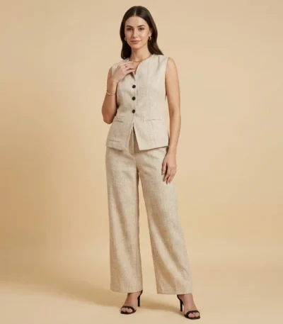 Women's Beige Textured Waistcoat and Wide Leg Trouser Co ord Set (3)