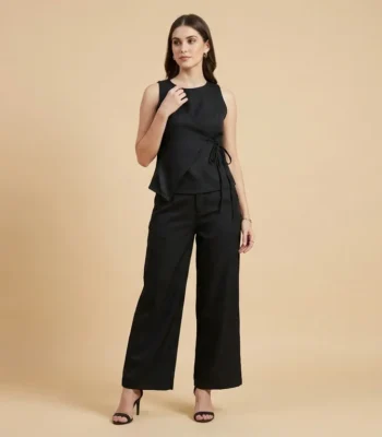 Women's Black Asymmetric Wrap Co ord Set Sleeveless Top & Trousers (1)