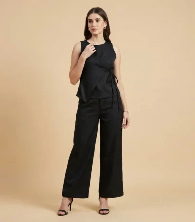 Women's Black Asymmetric Wrap Co ord Set Sleeveless Top & Trousers (1)