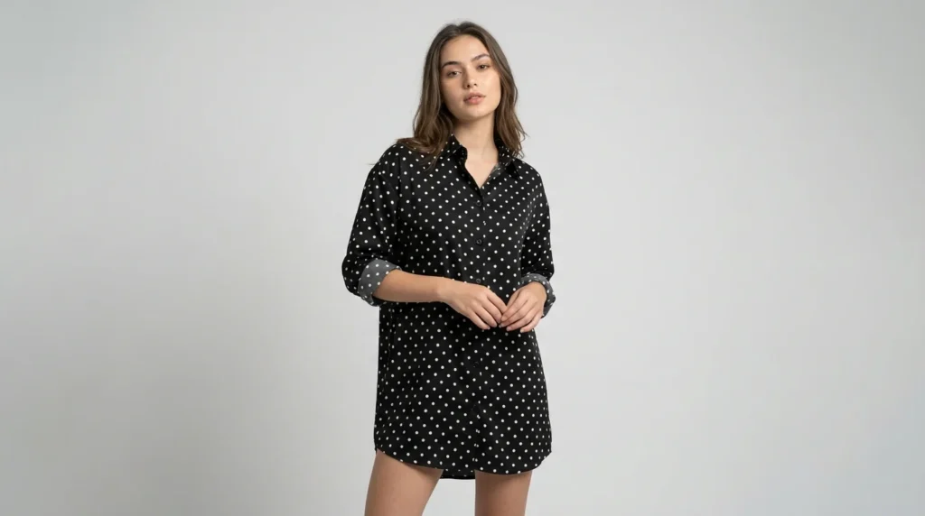 Women's Black Polka Dot Longline Button Down Shirt (1)