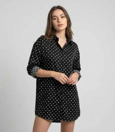 Women's Black Polka Dot Longline Button Down Shirt (1)