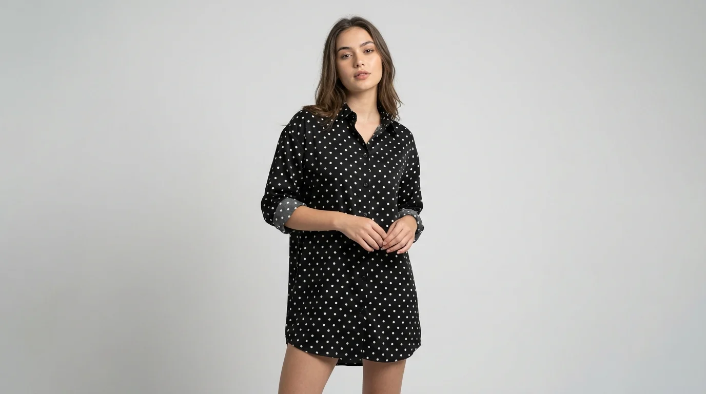 Women's Black Polka Dot Longline Button Down Shirt (1) Women's Black Polka Dot Longline Button Down Shirt (1)