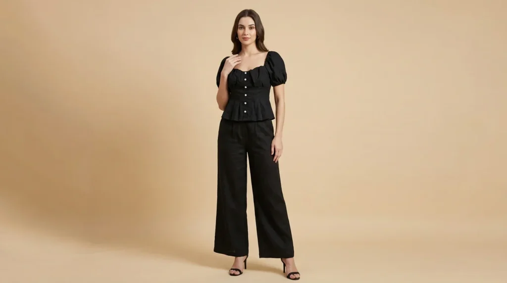 Women's Black Puff Sleeve Peplum Top and Wide Leg Trouser Co ord Set (1)